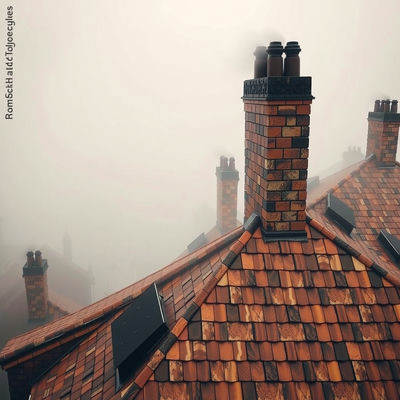 A Victorian England bakery's tiled roof and chimneys emerge from morning fog in warm sepia hues, viewed from a bird's-eye perspective under overcast diffuse light, with tiny mosaic tiles forming intricate textures and patterns, exuding an…
