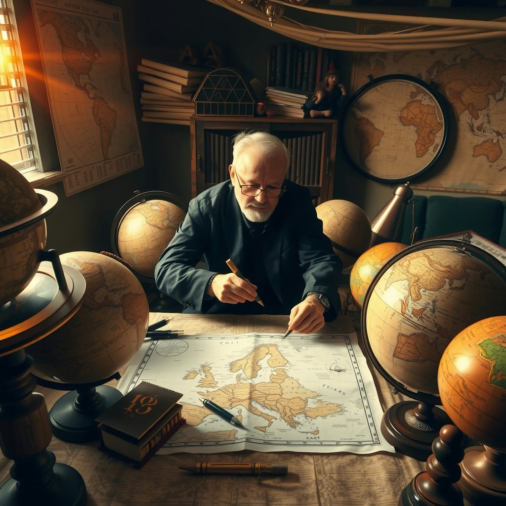 A cartographer sits centered, surrounded by globes and maps, etching an unknown coast in high-contrast black and gold, as golden hour light streams in, illuminating the cozy space with warm tones, in a symmetrical composition.