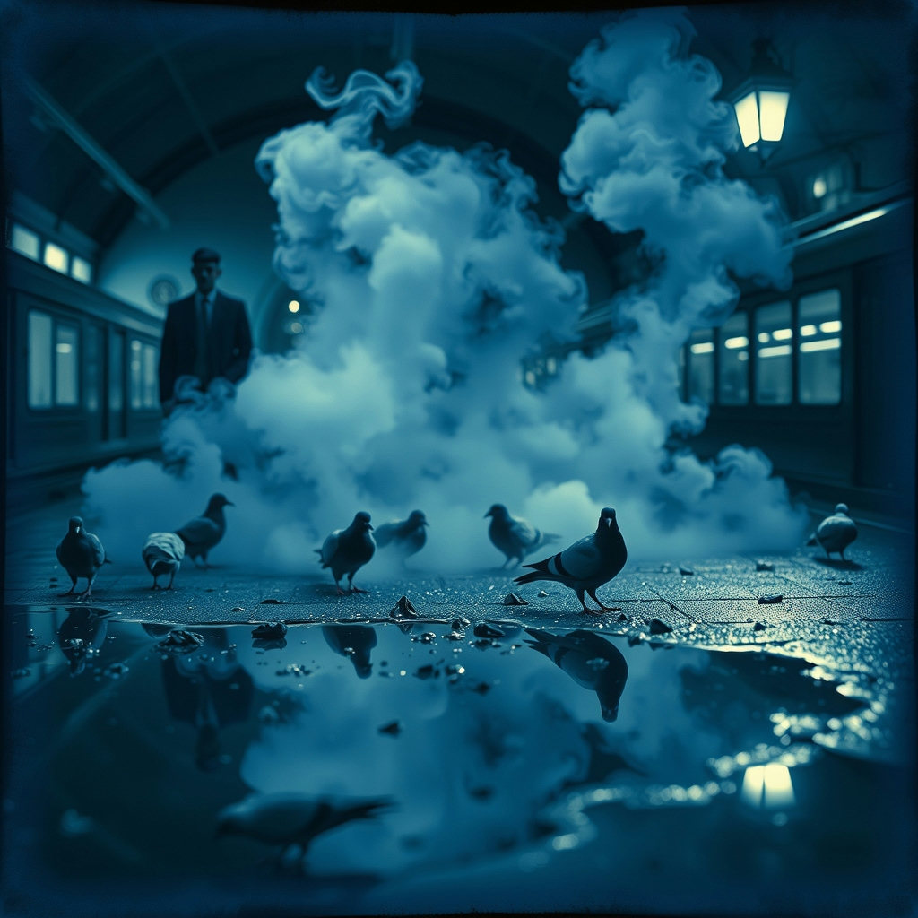 Steam rises around pigeons pecking at food scraps in a Bronze Age train station, reflected in a puddle, under soft lantern light, in shades of cool silver and blue, with a whimsical atmosphere, captured in a cyanotype photograph.