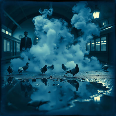 Steam rises around pigeons pecking at food scraps in a Bronze Age train station, reflected in a puddle, under soft lantern light, in shades of cool silver and blue, with a whimsical atmosphere, captured in a cyanotype photograph.