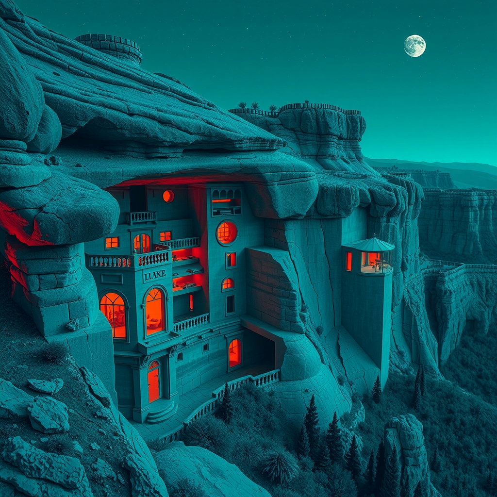 Awe-struck, a library carved into a cliff stretches, with duotone teal and coral linocut textures, under a bioluminescent glow, in a wide rule-of-thirds shot, with coral-hued tomes and teal-tinged stone walls.
