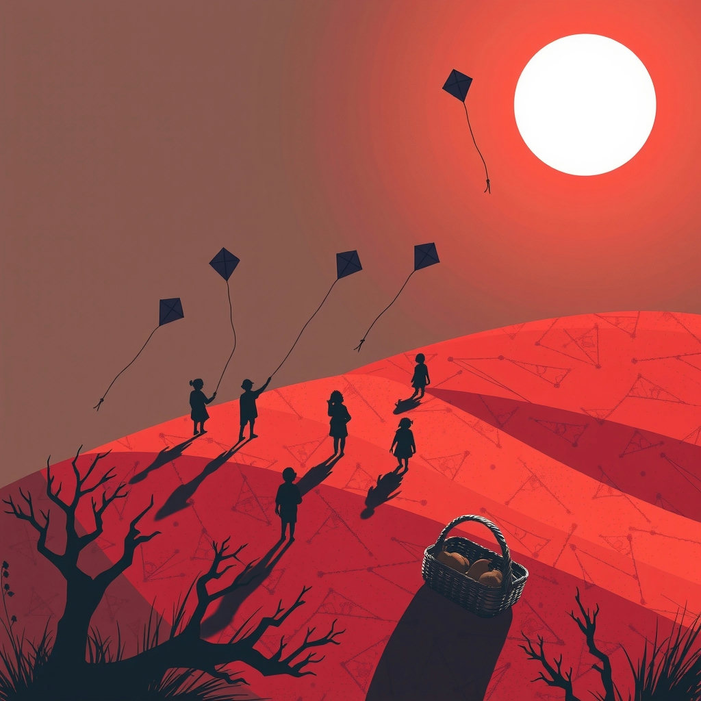 Children fly kites on a crimson hill, charcoal silhouettes against a harsh noon sun, as an isometric path winds through Art Deco patterns, tense lines and geometric shapes in pixel art, amidst abandoned feasts and food baskets.