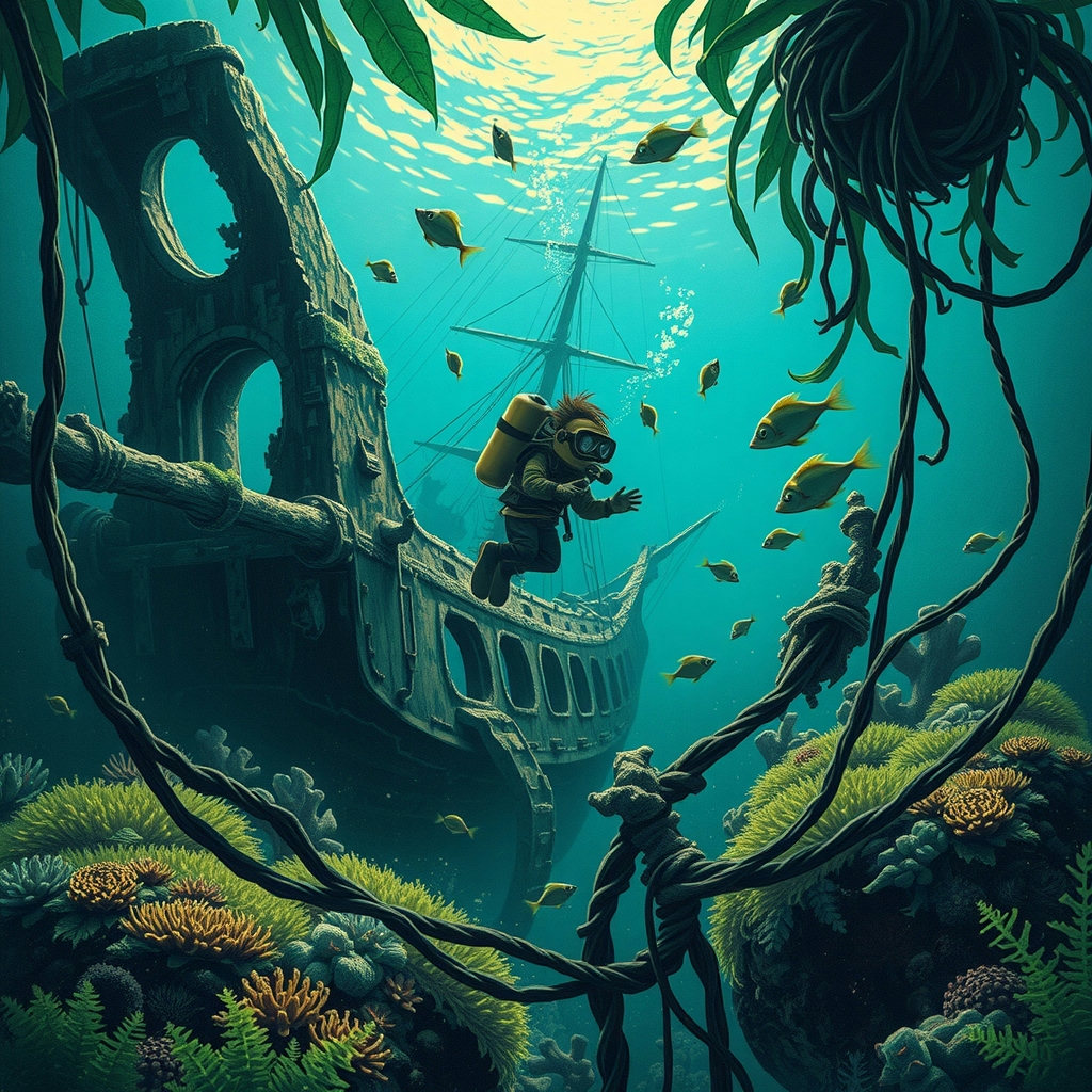 A tiny diver in ornate Baroque diving gear explores a centuries-old shipwreck covered in seaweed and coral, surrounded by a vast underwater landscape of dappled light filtering through ocean leaves, with schools of fish darting through…