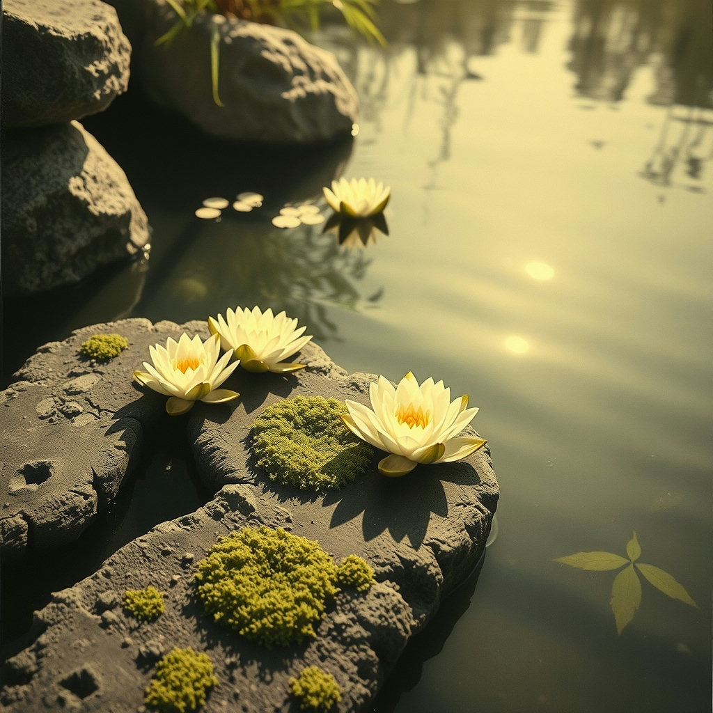 Muted earth tones of a submerged garden fill the frame in an extreme close-up ukiyo-e woodblock print, solemnly backlit with lens flare illuminating delicate water lilies and soft moss on weathered stone, amidst gentle ripples in the…