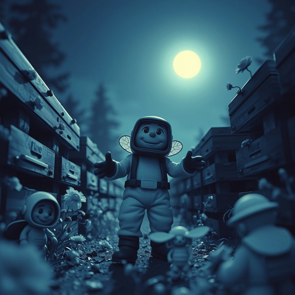 A claymation beekeeper in a 1970s science-fiction setting, surrounded by wildflower hives, is viewed from a low angle looking up, bathed in soft moonlight, with a playful mood, in a monochrome indigo palette.