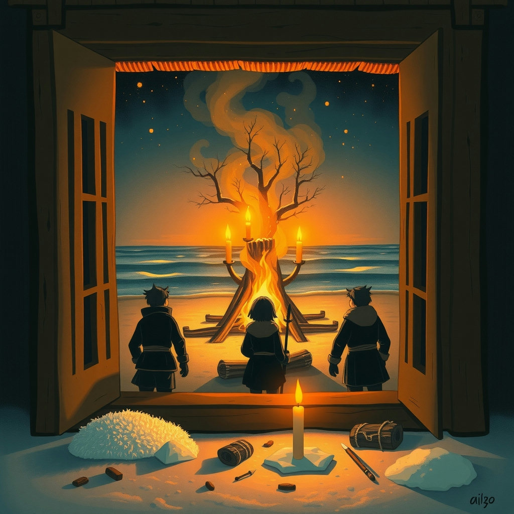 A rustic Edo-period window frames a winter beach bonfire, its autumn ochre and rust hues dancing in candlelight, as silhouetted figures gather around the flames in a mysterious children's picture-book illustration