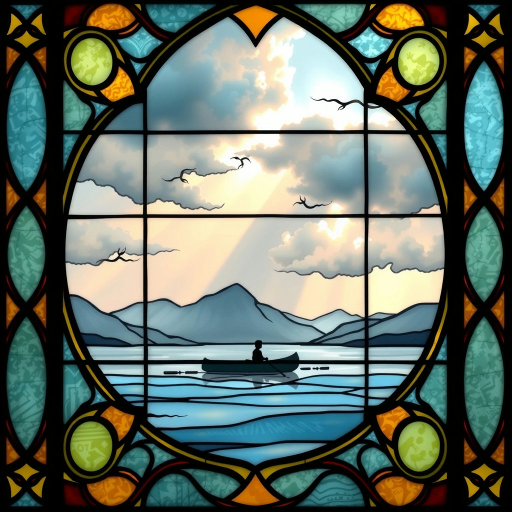 A medieval stained glass window depicts a lone canoe as a delicate silhouette on a glacial lake, set against a pastel sorbet sky with storm light breaking through clouds, evoking a nostalgic mood.