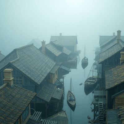 Fog envelops a 1890s fishing village in a bird's-eye view, with sun-bleached embroidered threads depicting thatched roofs, weathered boats, and misty alleys, in a melancholic blue hour scene with faded hues of blue and grey.