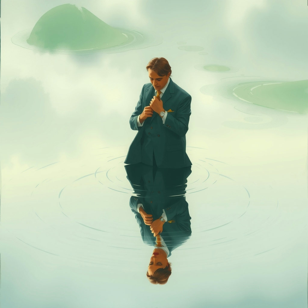 A 1990s anime cel-style gouache painting depicts a tailor fitting a coat, reflected in a still pond, under overcast diffuse light, with mint and cream hues, evoking an uncanny mood, as ripples disturb the tailor's mirrored image.