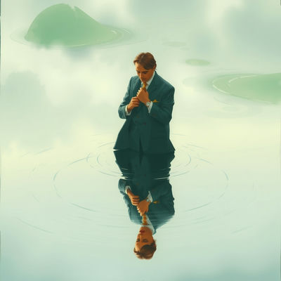 A 1990s anime cel-style gouache painting depicts a tailor fitting a coat, reflected in a still pond, under overcast diffuse light, with mint and cream hues, evoking an uncanny mood, as ripples disturb the tailor's mirrored image.