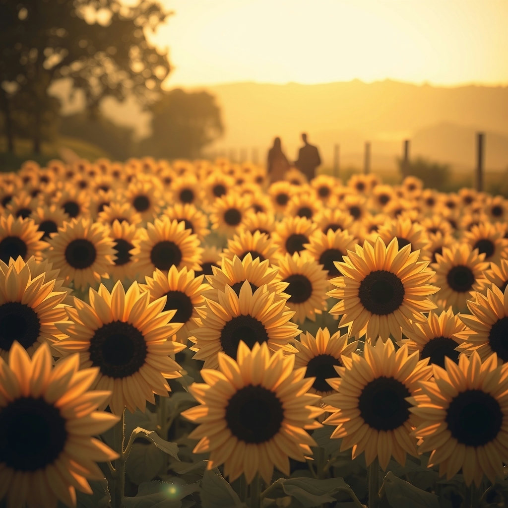 Warm sepia hues illuminate a symmetrical field of layered paper cut-out sunflowers, their faces uniformly turned, as golden hour light casts long shadows across the gentle Victorian England landscape.