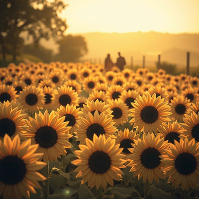 Warm sepia hues illuminate a symmetrical field of layered paper cut-out sunflowers, their faces uniformly turned, as golden hour light casts long shadows across the gentle Victorian England landscape.