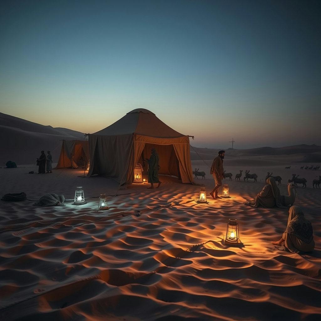 A Bronze Age desert caravan rests at an oasis, lantern light casting a cool silver and blue glow on textured sand and woven fabrics, in a wide, rule-of-thirds composition, with travelers engaged in small daily rituals amidst the serene…