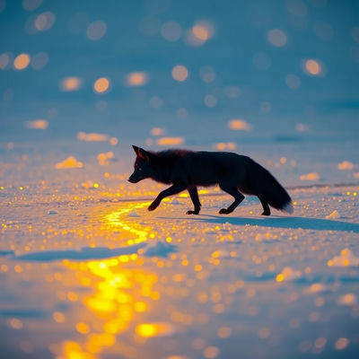A tiny fox traverses a vast frozen field under a bioluminescent glow, its black fur stark against the golden ice, in a high-contrast tilt-shift photograph with Art Deco flair.