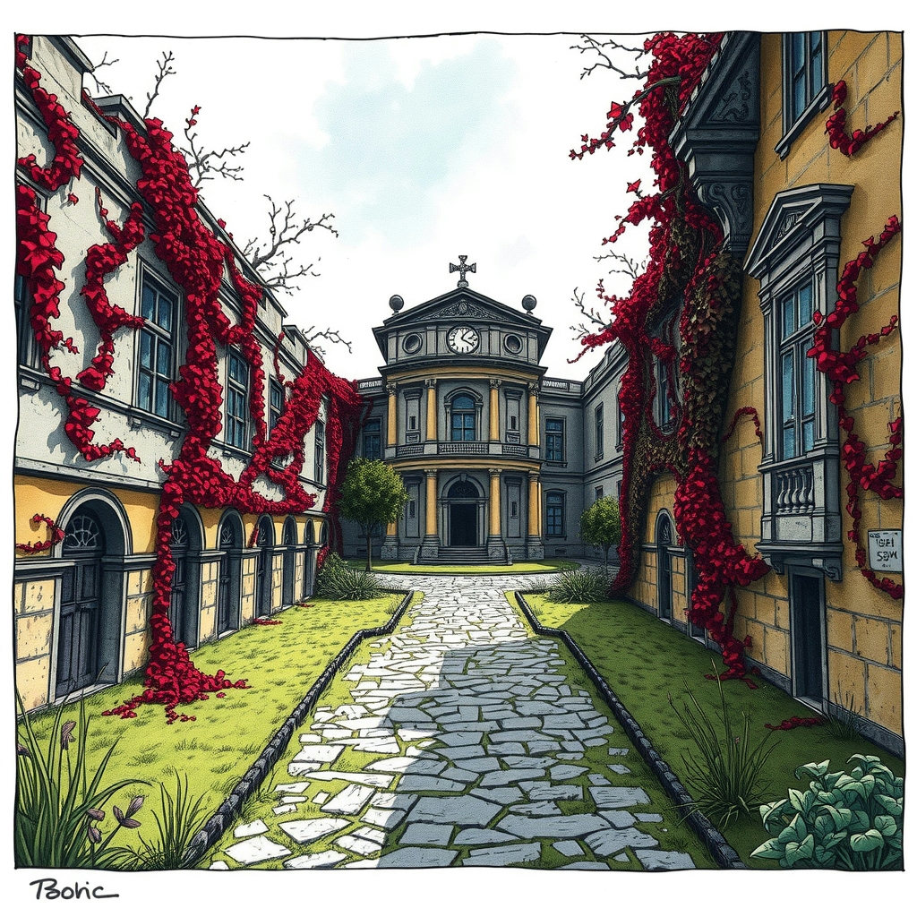 An abandoned Baroque observatory stands at the end of a long, winding path, watercolor with ink outlines depicting crimson ivy crawling up crumbling stone, under harsh noon sun, with charcoal shadows cast across the overgrown courtyard,…