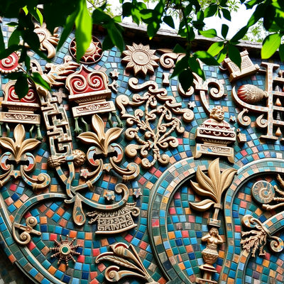 Tiny teal and coral tiles form a mosaic of a mountain monastery's intricate carvings, jubilant patterns dancing across the surface in dappled light filtering through leaves.