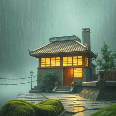 A serene tea house stands in the rain, its earthy tones glowing with a soft, backlit luminescence, lens flare dancing across the pastel drawing, as mossy stone walls and tiled roof rise up from the misty ground, viewed from a low angle,…