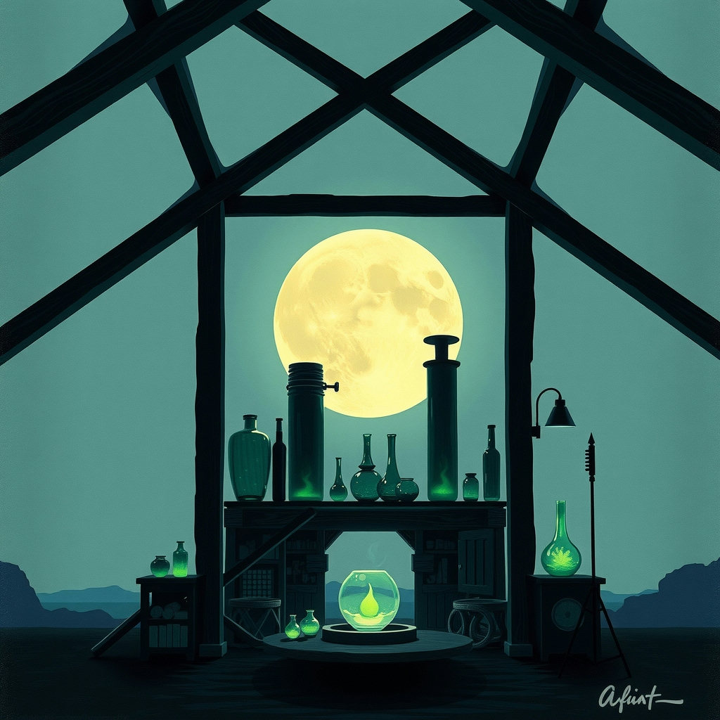 A glassblower's workshop stands as a silhouette against a soft moonlit sky, with deep jewel tones of emerald and sapphire, in a solemn etching of a mystical craft, where glowing molten glass and dark wooden beams intersect.