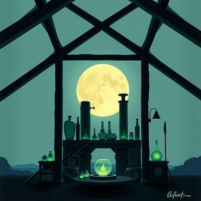 A glassblower's workshop stands as a silhouette against a soft moonlit sky, with deep jewel tones of emerald and sapphire, in a solemn etching of a mystical craft, where glowing molten glass and dark wooden beams intersect.