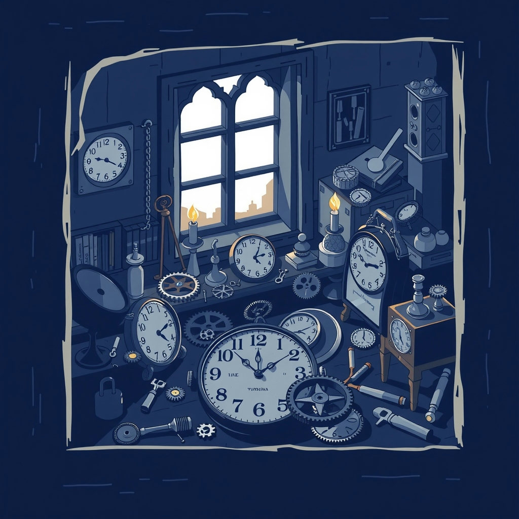 A medieval clockmaker's cluttered bench is framed through a window, illuminated by soft candlelight, in monochrome indigo isometric pixel art, with playful gears and tools scattered amidst half-assembled timepieces.
