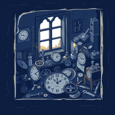 A medieval clockmaker's cluttered bench is framed through a window, illuminated by soft candlelight, in monochrome indigo isometric pixel art, with playful gears and tools scattered amidst half-assembled timepieces.