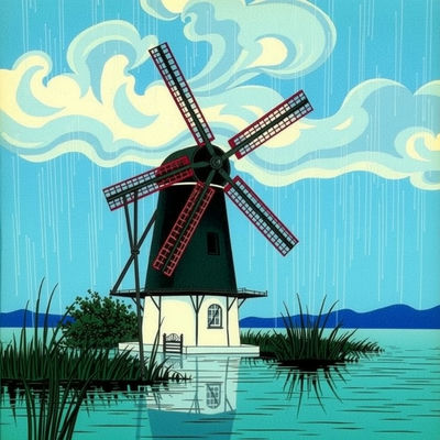 A 1950s ukiyo-e woodblock print depicts a windmill in a storm, reflected in serene mint-hued water, under the blue hour's soft glow, with cream-colored accents, amidst mysterious, swirling clouds.