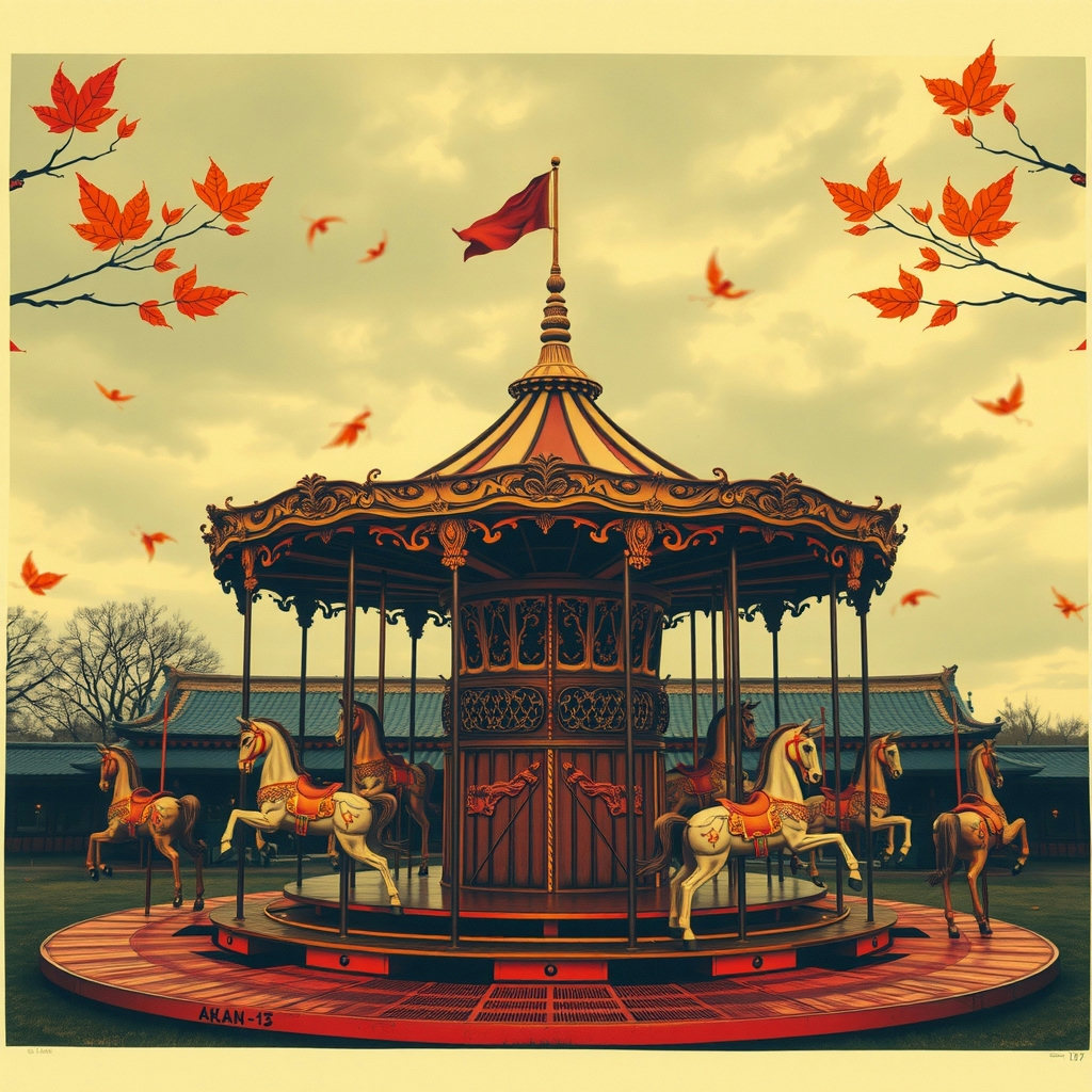 A risograph print depicts a symmetrical, centered carousel at dusk in Edo-period Japan, with autumn ochre and rust hues, under overcast diffuse light, its uncanny stillness surrounded by vibrant, rustic textures of wooden horses and…