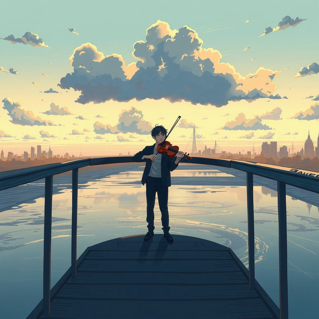 A violinist stands alone on a bridge, surrounded by soft pastel sorbet hues, as golden hour light casts a warm glow, with charcoal sketch textures visible, set against a melancholic sky with fluffy clouds, in a wide shot composition…