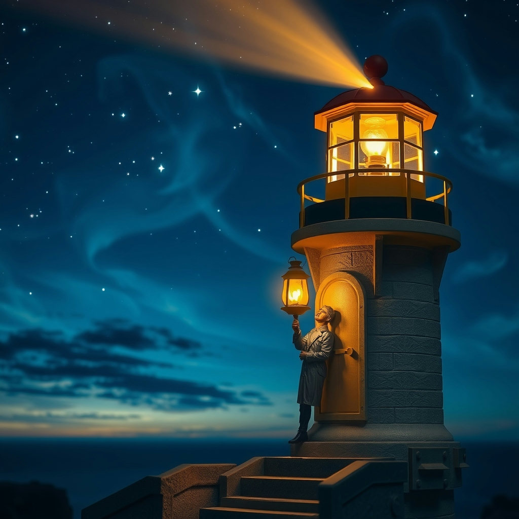A tiny lighthouse keeper in a silver coat tends the glowing lamp, surrounded by cool blue shadows, within a small Art Deco lighthouse, set against a vast, starry night sky with swirling clouds, illuminated only by the warm lantern light.