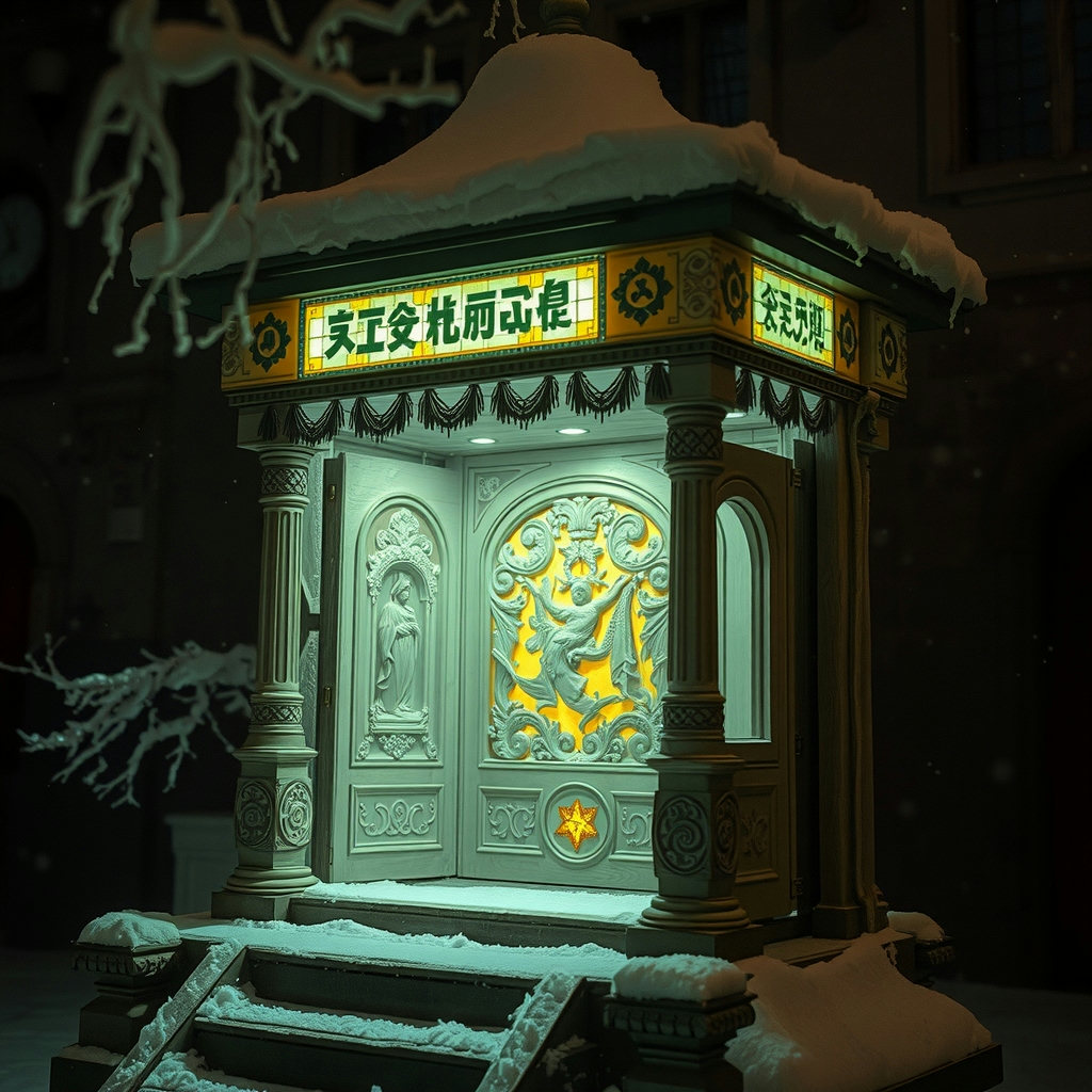 A snow-covered shrine's intricate carvings glow with bioluminescent light, warm sepia tones infusing the cyanotype photograph, as delicate snowflakes dust the Victorian-era relic in an extreme close-up, evoking a whimsical atmosphere…