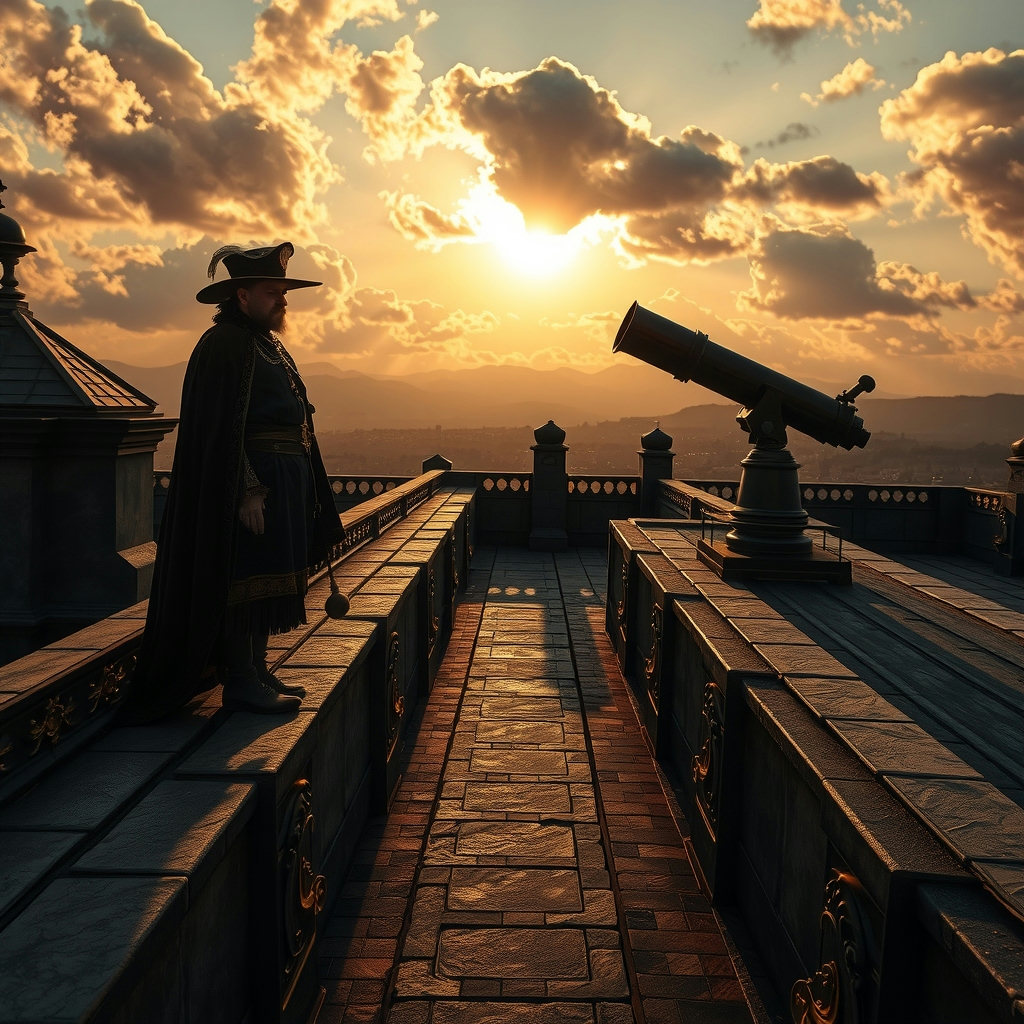 An astronomer in 17th century Baroque attire stands tense on a rooftop, surrounded by ornate gold accents, as a harsh noon sun casts long shadows along a winding path of black clay tiles, leading the eye to a massive black telescope, set…